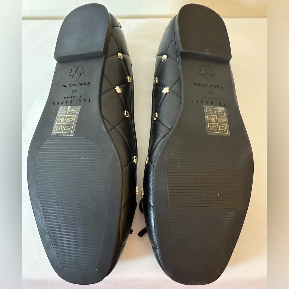 Ted Baker Libban Black Quilted Gold Magnolia Ballerina Flats Size 37 7 SKU 0024 - Picture 8 of 13